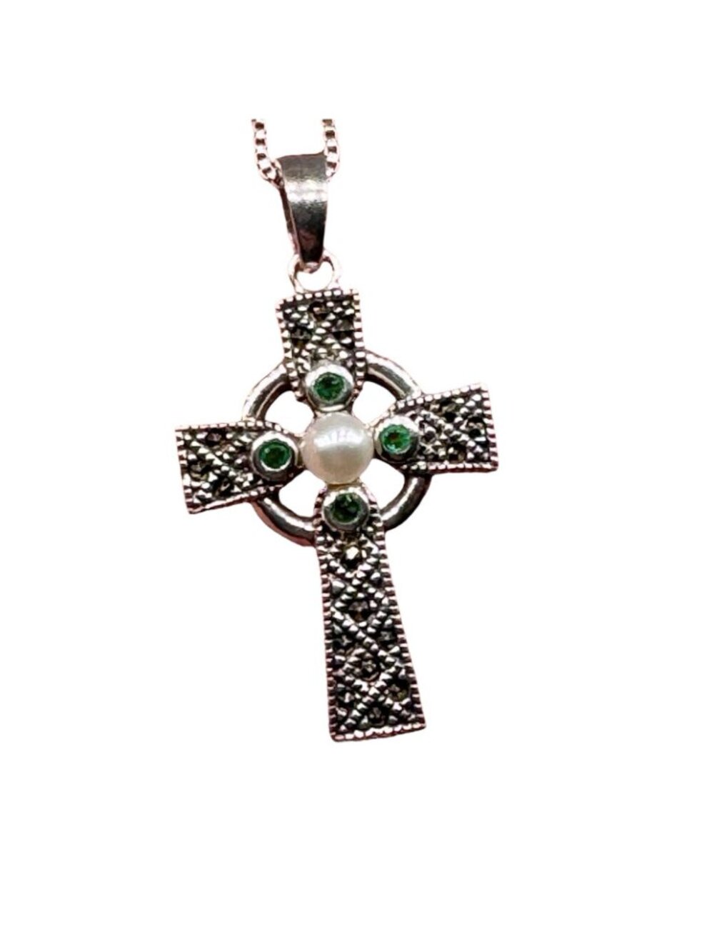 Emerald Sterling Cross Pendant Necklace Marcasites Pearl Center 925 Box Chain - Picture 5 of 14